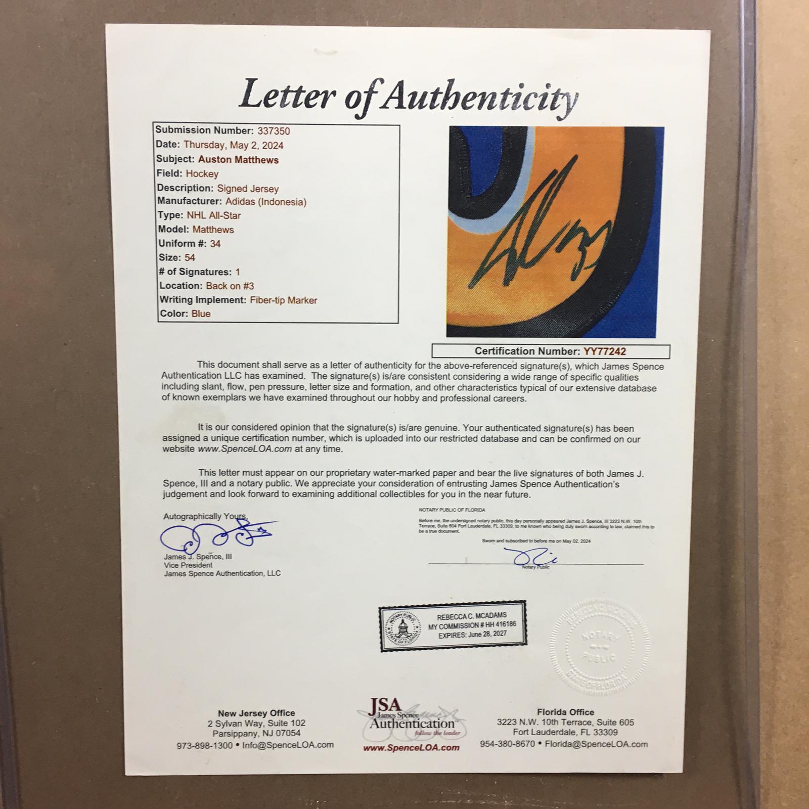 Auston Matthews Signed Jersey Framed