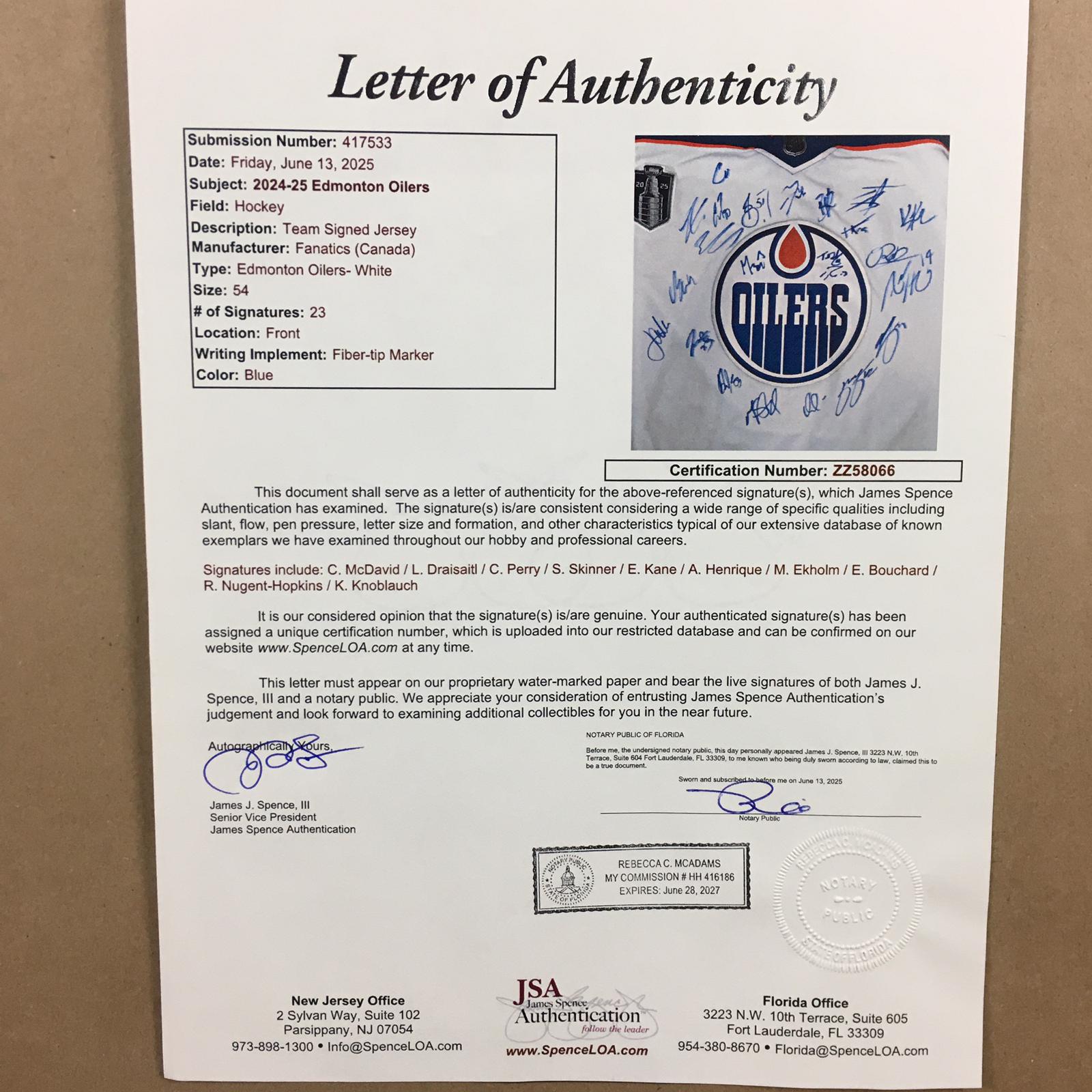 Edmonton Oilers Team Signed Jersey Framed