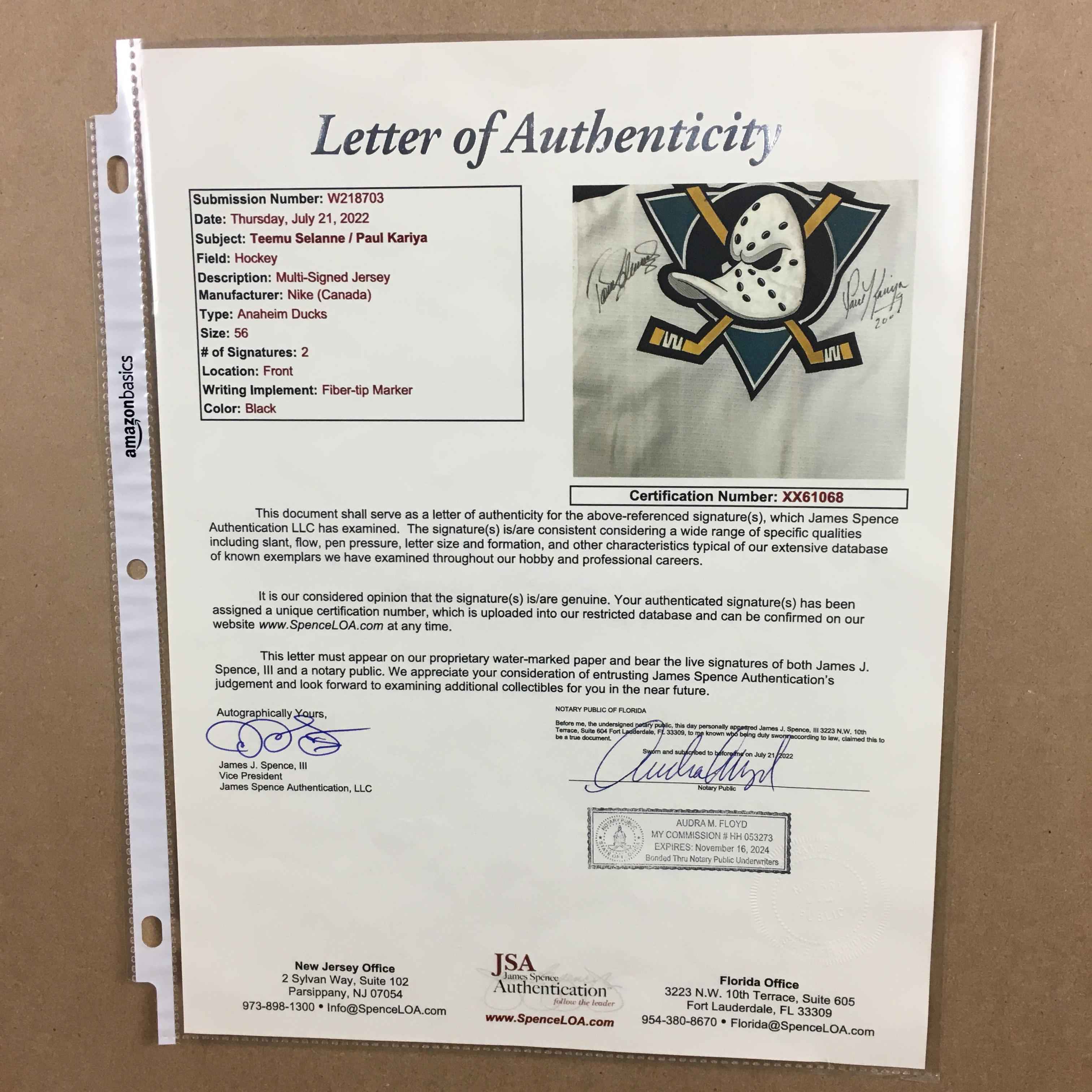 Teemu Selanne Paul Kariya Signed Jersey Framed