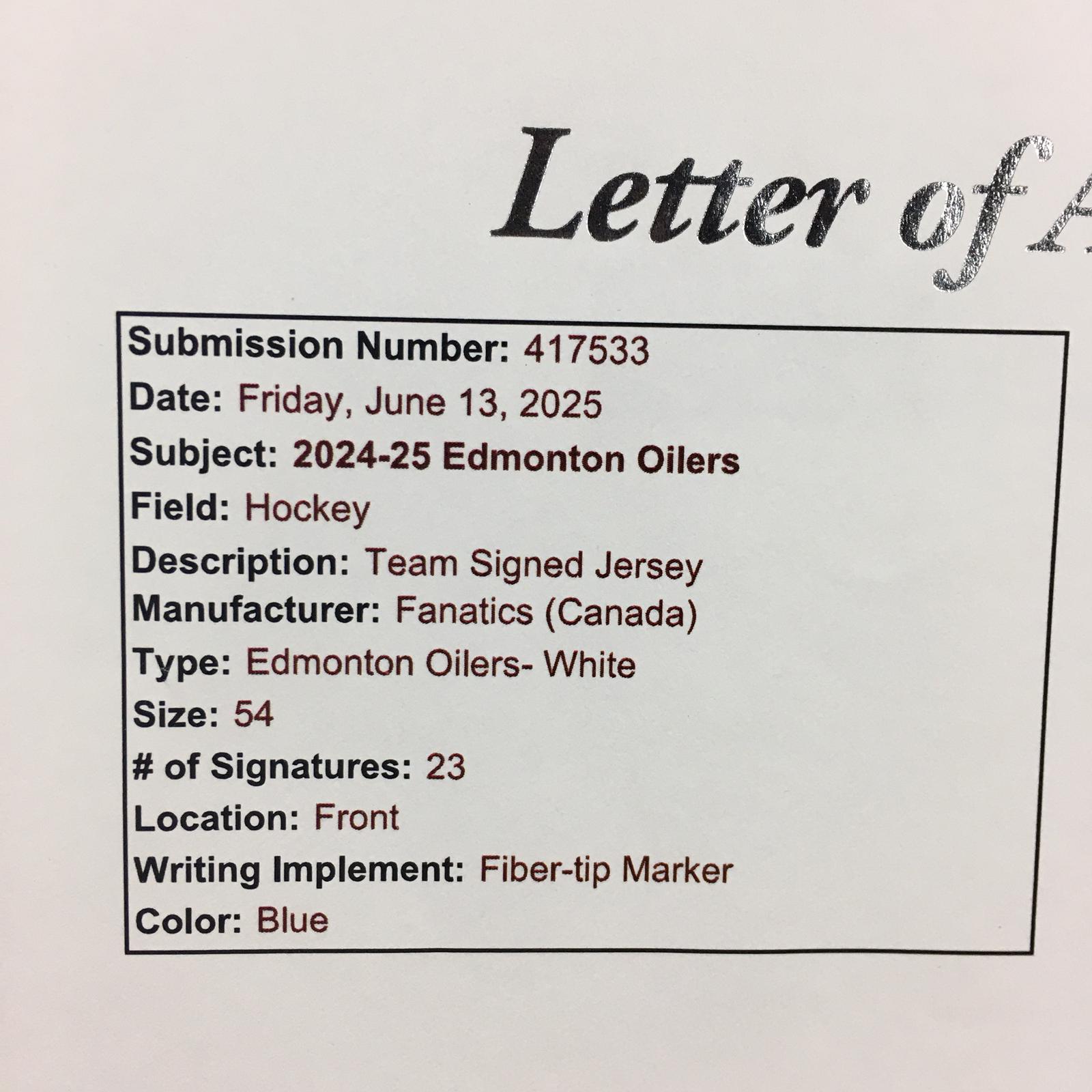 Edmonton Oilers Team Signed Jersey Framed