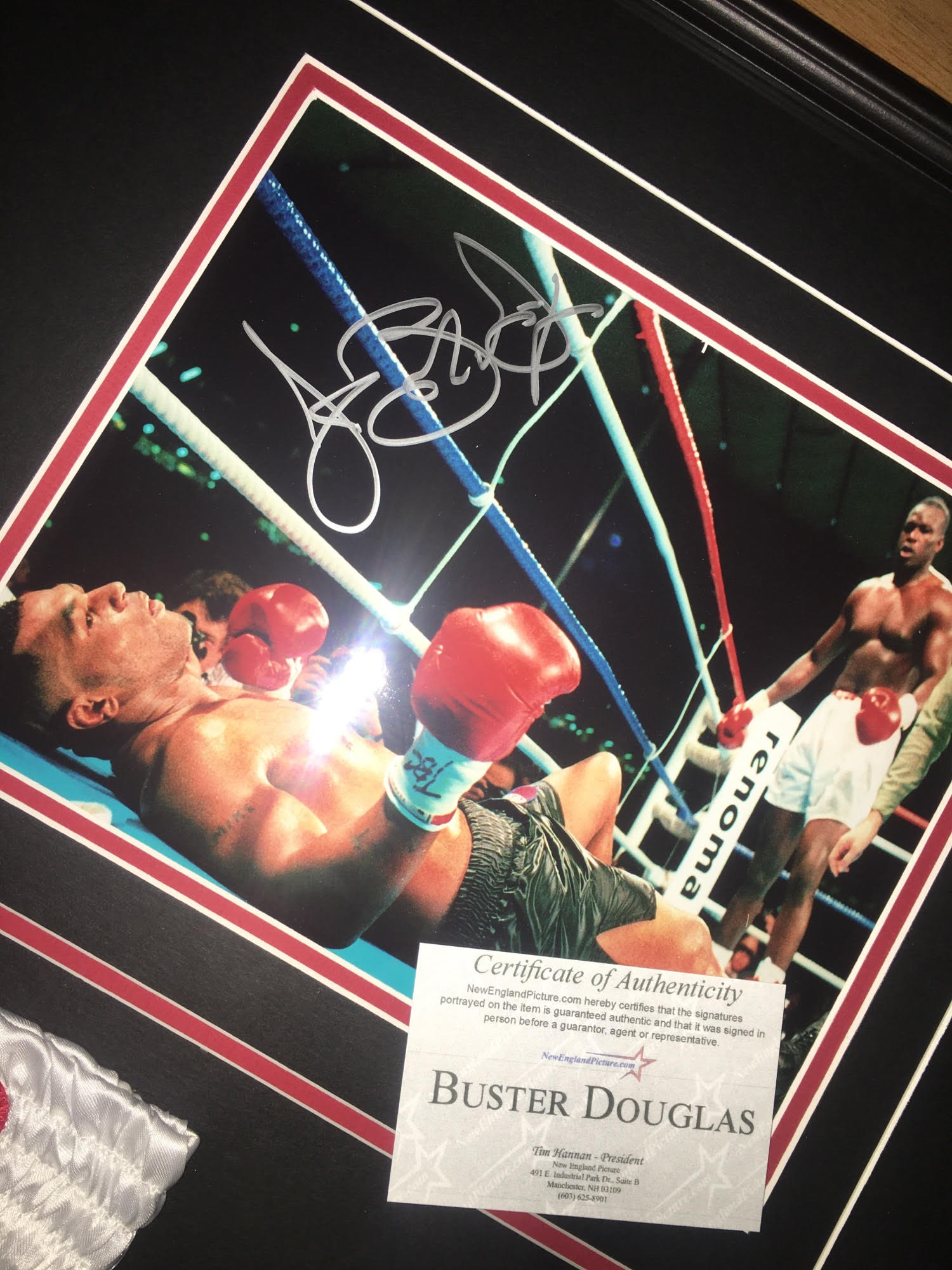 Buster Douglas Triple Signed Trunks Framed